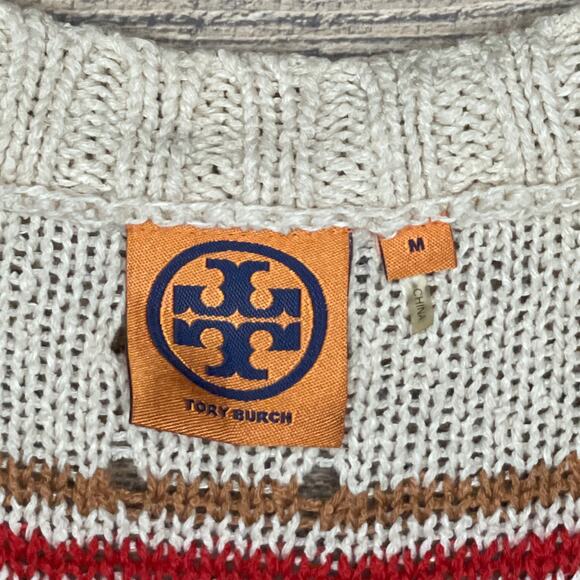 Tory Burch Striped Linen Blend V-Neck Tunic Sweater Size Medium - Picture 3 of 9